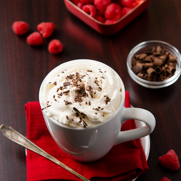 raspberry truffle coffee in a white coffee cup