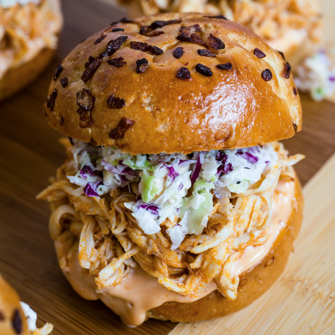Slow Cooker Buffalo Chicken Sliders with Blue Cheese Slaw
